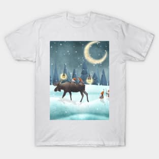 Scandinavian gnomes with moose watercolor illustration. Cute Christmas gnomes in snow forest. Winter fantasy moon night. Swedish Nordic funny gnomes T-Shirt